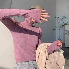 Ingvn - Women's Autumn Winter High Neck Knit Sweater Top Slim Fit Thick Warm Elegant Chic Coquette Trendy Layering Loose