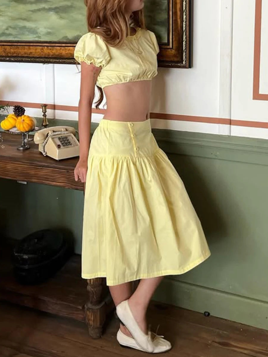 Ingvn  Sweet Slimming Suit for Women Round Neck Long Sleeve Crop Top Low Waist Midi A Line Skirt Two Piece Set Female New