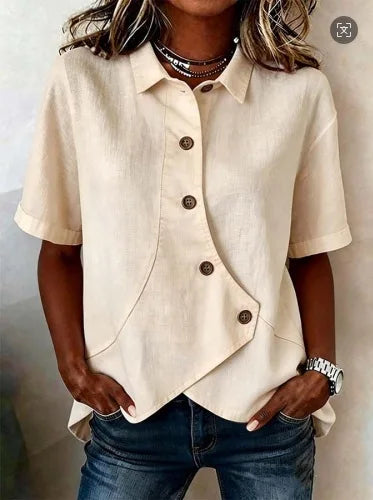 Summer Women's Casual Solid Irregular Shirt Fashion Elegant Top Button Short Sleeve Holiday Party Womens Tops And Blouses