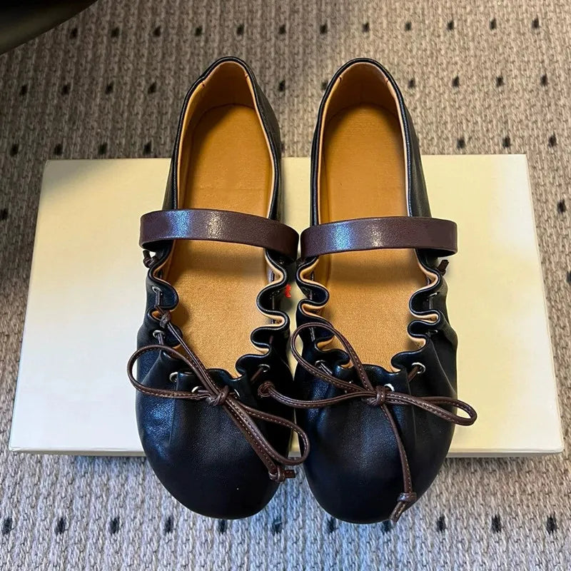 Ingvn  Ins style Fashion Pleated Bowknot Ruffle Women Ballet Flats Spring Summer Soft Leather Mary Janes Walking Loafers Casual Shoes