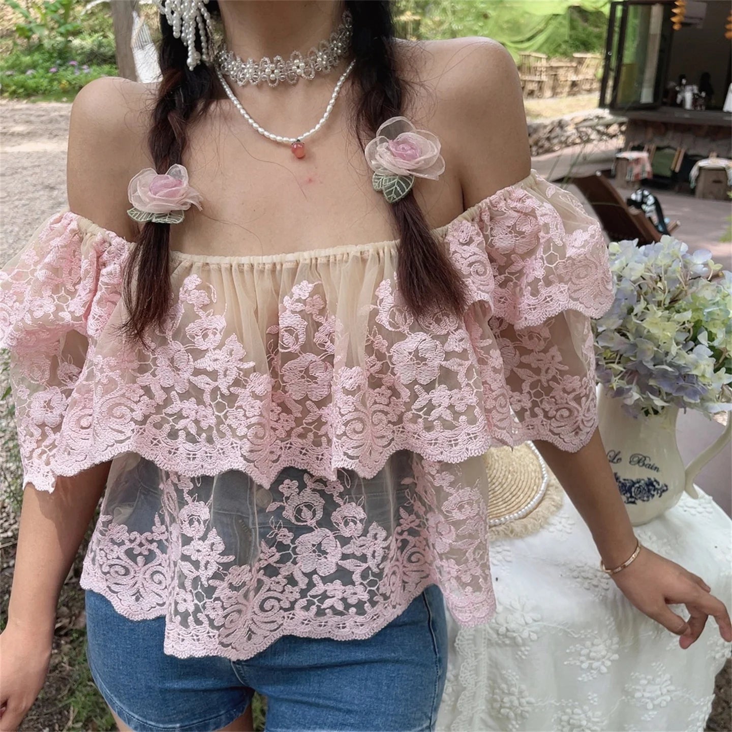 Ingvn  Sexy One-Shoulder Lace Shirt Spring Summer Vacation Floral  Small Shirt Chenopod Polyester Fiber Bubble Sleeve Short Sleeve