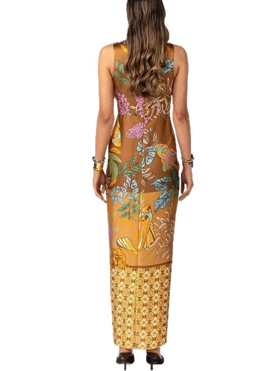 Ingvn  Summer Casual Print Maxi Dresses for Women V Neck Sleeveless Sashes Design Draped Slimming Dress for Beach Vacation