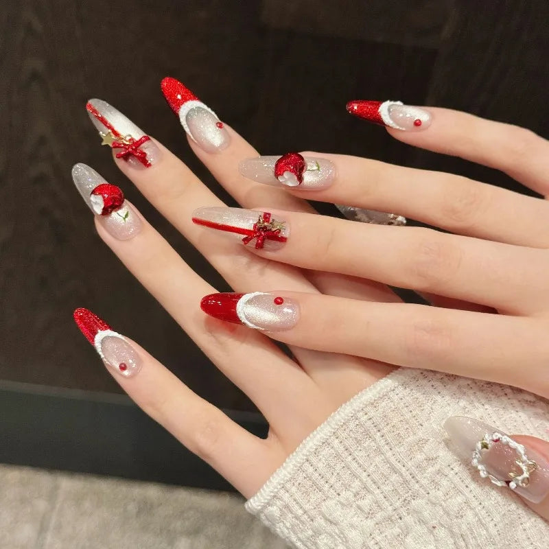 Ingvn  10pcs Christmas Finger Nails Press on With Tools Red Cat Eye French False Nails Aesthetic 3D Bow Long Almond Fake Press on Nails