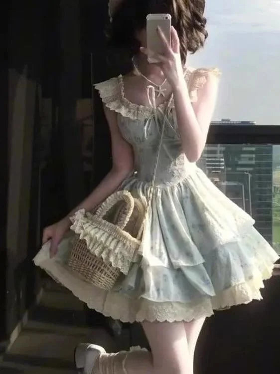 Ingvn  Princess Style Sweet Floral Print  Dress Women's Summer Gentle Wind Puffy Sleeveless Skirt Elegant Fairy Tale Short Dress