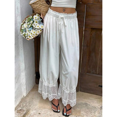 Ingvn  Women Mesh See-through Floral Lace Patchwork Ruffle Hem Bloomer Pants Loose Drawstring Elastic Waist Cropped Trousers