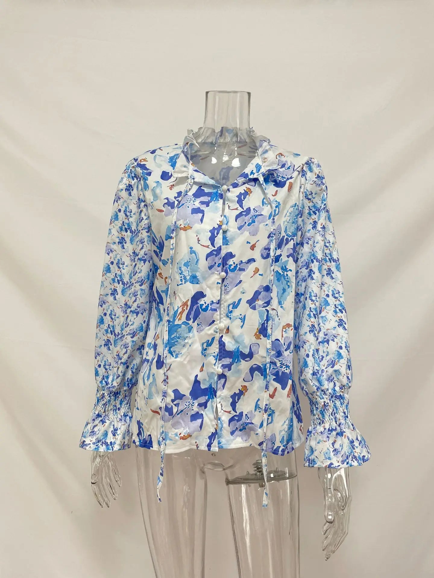 Ingvn - Women's Summer Floral Print V Neck Long Sleeve Blouse Ruffle Cuff Button Down Casual Loose Chiffon Shirt