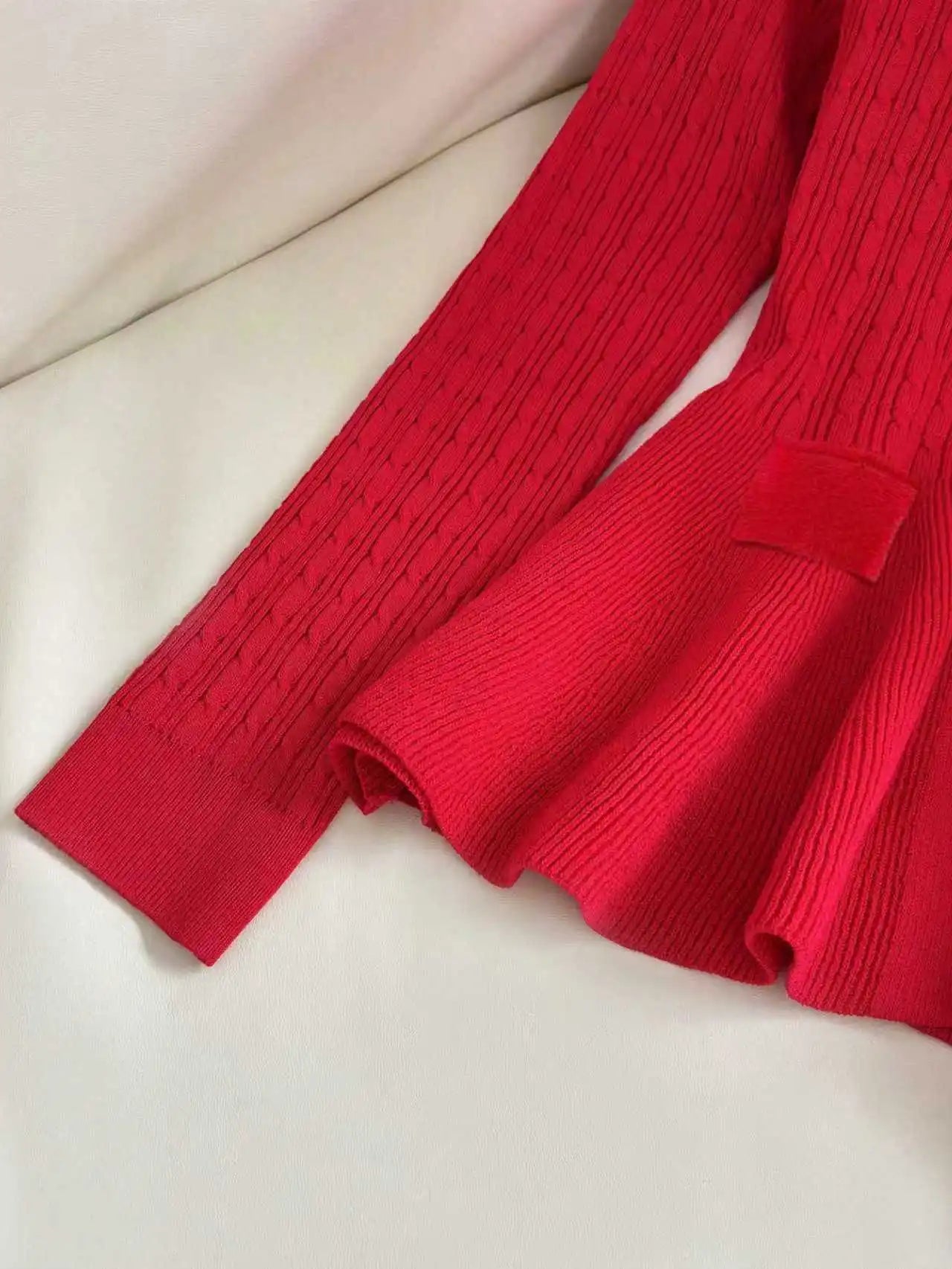 Ingvn - Women V‑Neck Knit Cardigan Bow‑Shaped Metal Buttons Peplum Hem Long‑Sleeve Slim‑Fit Cable Knit Sweater With Pockets