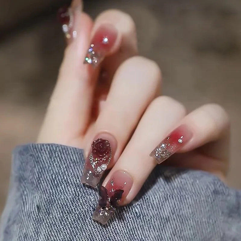 Ingvn  24Pcs Wearable Coffin Fake Nail Tips with Butterfly Camellia Designs Red Long Ballerina False Nails Press on Nails Art Manicure