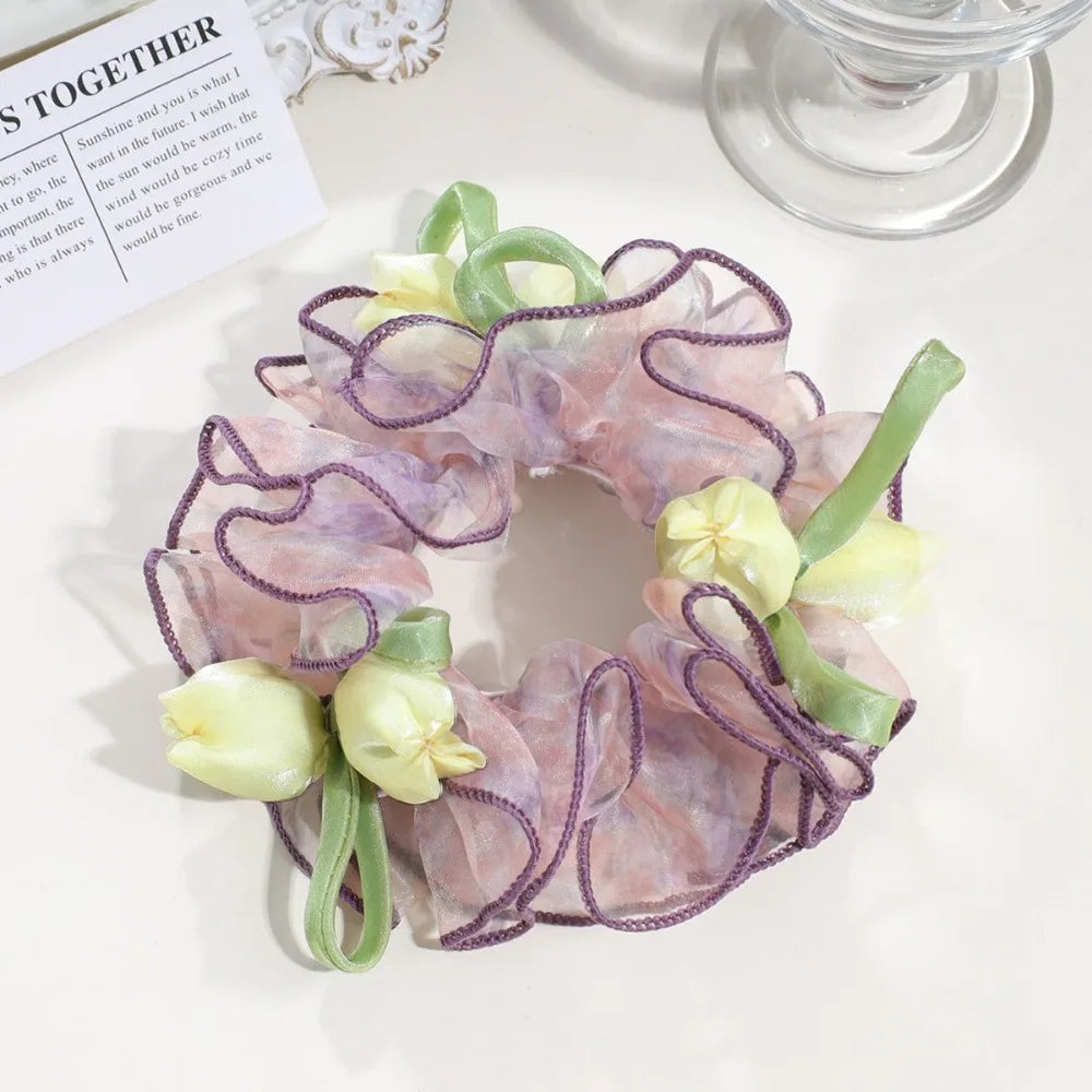 Ingvn  Sweet Cute Floral Mesh Scrunchie Sweet Dot Mesh Ruffled Sheer Tulle Flower Hair Rope French Romantic Large Hair Ties