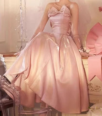 Ingvn  French Style Elegant Pink Strapless Birthday Dress 3D Bow High-waisted Slim Fit A-line Bridal Wedding Party Long Dress for Women