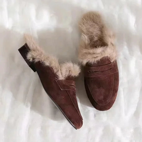 Ingvn  Slip on Simple Shoes Outwear Woman Warm Shoes Mules Natural Suede Flat Shoes for Women SlippersMules Women's Fur Flats Slippers
