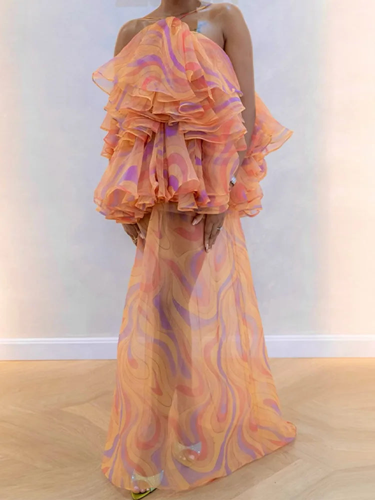 Ingvn  Women Halter Off Shoulder Ruffle Maxi Dress Print Sheer Organza Long Evening Gown Elegant Party Wedding Guest Dresses Robe