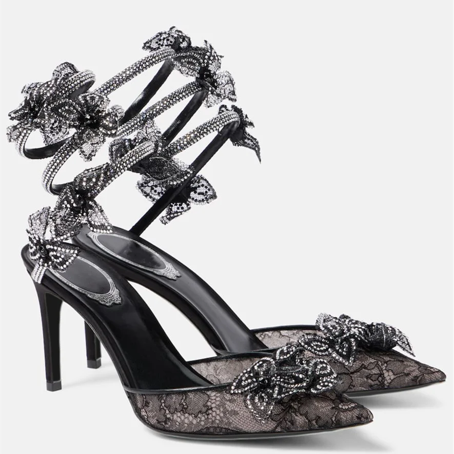 Ingvn  Fashion Mesh Lace Fowers Women Pumps Sandals Sexy Snake Coild Rhinestones Stiletto High heels Summer Autumn Wedding Prom Shoes
