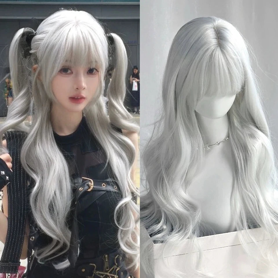 Ingvn  Long Wavy Brown Wig with Middle Part Bangs Synthetic Natural Cosplay Cute Wig Halloween Costume Lolita Wig for Women