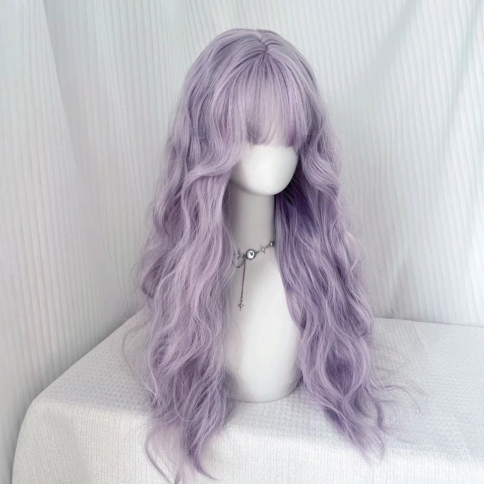 Ingvn  Long Wavy Grey Purple Wig Synthetic Natural Looking Lolita Cosplay Wig Halloween Costume Party Wig for Women Daily Wear