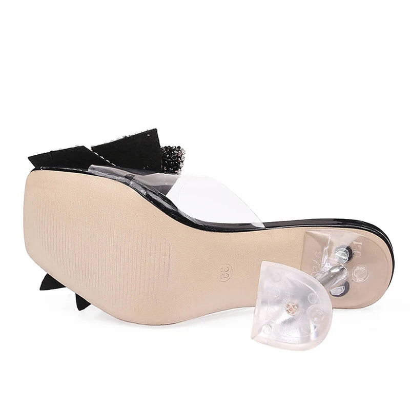 Ingvn - New Transparent Slippers For Women Fashion Silver Crystal Bowknot High Heels Female Mules Slides Summer Sandals Shoes