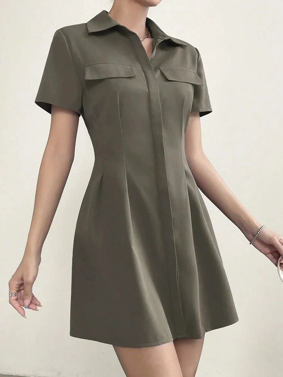 Ingvn  Women's Lapel Collar Pleated Waist Short Sleeve Shirt Dress Casual Solid Mini Dress