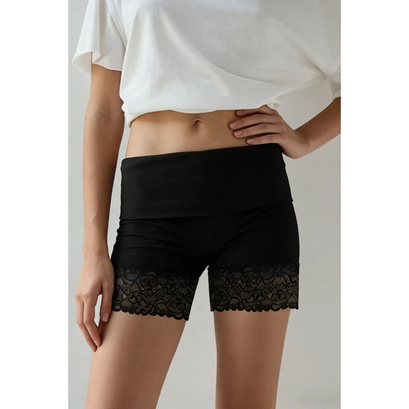 Ingvn  Womens Slim Fit Elastic High Rise Foldover Waist Bottoms with Wide Floral Lace Trim Patchwork Athletic Yoga Shorts