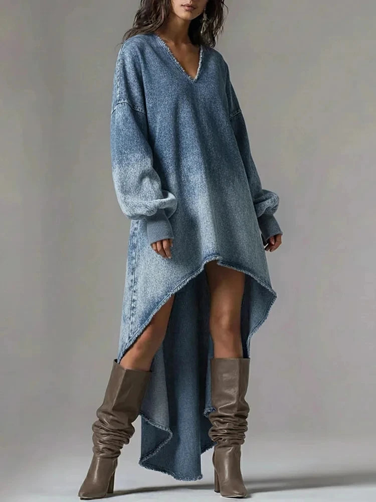 Ingvn  Fashion Casual Sexy V Neck Denim Dress Woman Elegant Lantern Sleeve Long Sleeve High Low Irregular Hem Mini Dresses