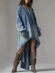 Ingvn  Fashion Casual Sexy V Neck Denim Dress Woman Elegant Lantern Sleeve Long Sleeve High Low Irregular Hem Mini Dresses