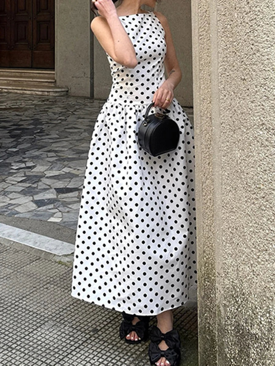 Ingvn  French Elegant Dot Print Mid Dress for Women Square Collar Sleeveless Temperament Date Night Dresses Female Summer