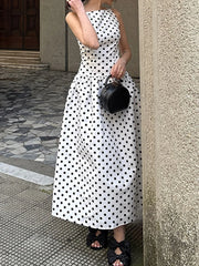 Ingvn  French Elegant Dot Print Mid Dress for Women Square Collar Sleeveless Temperament Date Night Dresses Female Summer