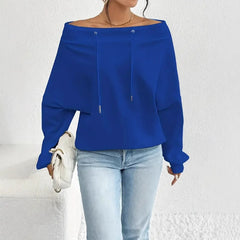 Ingvn - Women's Royal Blue Off-the-shoulder Boat Neck Sweatshirt Long Sleeve Drawstring Design Casual Fashion Loose Pullover