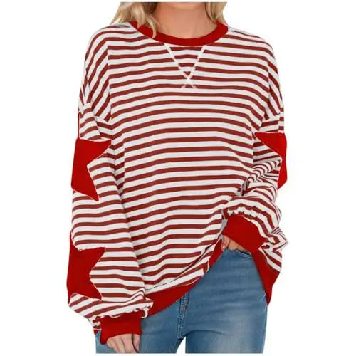 Ingvn - Women Casual Striped Sweatshirt Spring Star Patchwork Round Neck Long Sleeve Loose Pullover Daily Wear