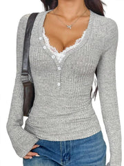 Ingvn - Office Lady Sexy V Neck Lace Splice Tops New Fashion Slim Chic Long Sleeve Women T-shirts Spring Autumn Solid Color Tees