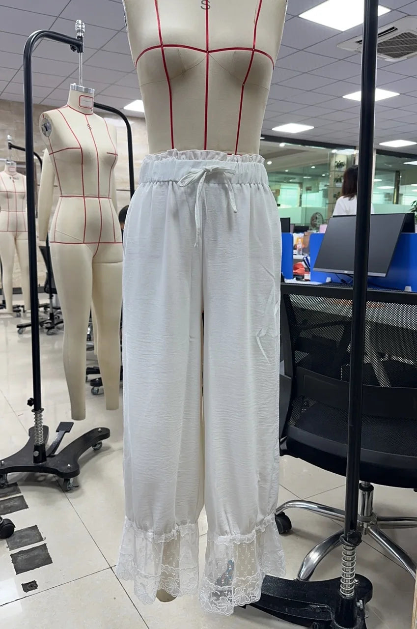 Ingvn  Women Mesh See-through Floral Lace Patchwork Ruffle Hem Bloomer Pants Loose Drawstring Elastic Waist Cropped Trousers