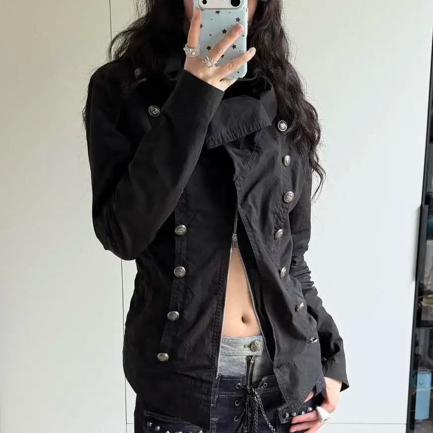 Ingvn  Vintage Harajuku Korean Gothic Womens Hooded Black Jacket Loose Fur Collar Coat Subcultural Youth Casual Street Daily Outfit