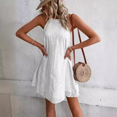Ingvn  European and American Summer New Women's Lace Solid Color Sleeveless Button Halter Dress
