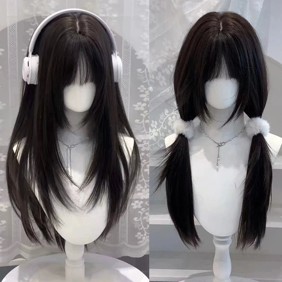 Ingvn  Long Wavy Brown Middle Part Wig Synthetic Lolita Wig Natural Cosplay Party Wig Daily Wear Halloween Costume Y2K Orange Wig