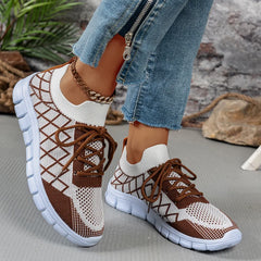 Ingvn  Women's Fashion Strip Plaid Knitted Sneakers Soft Sole Breathable Mesh Running Shoes for Women Lightweight Slip On Tennis Shoes