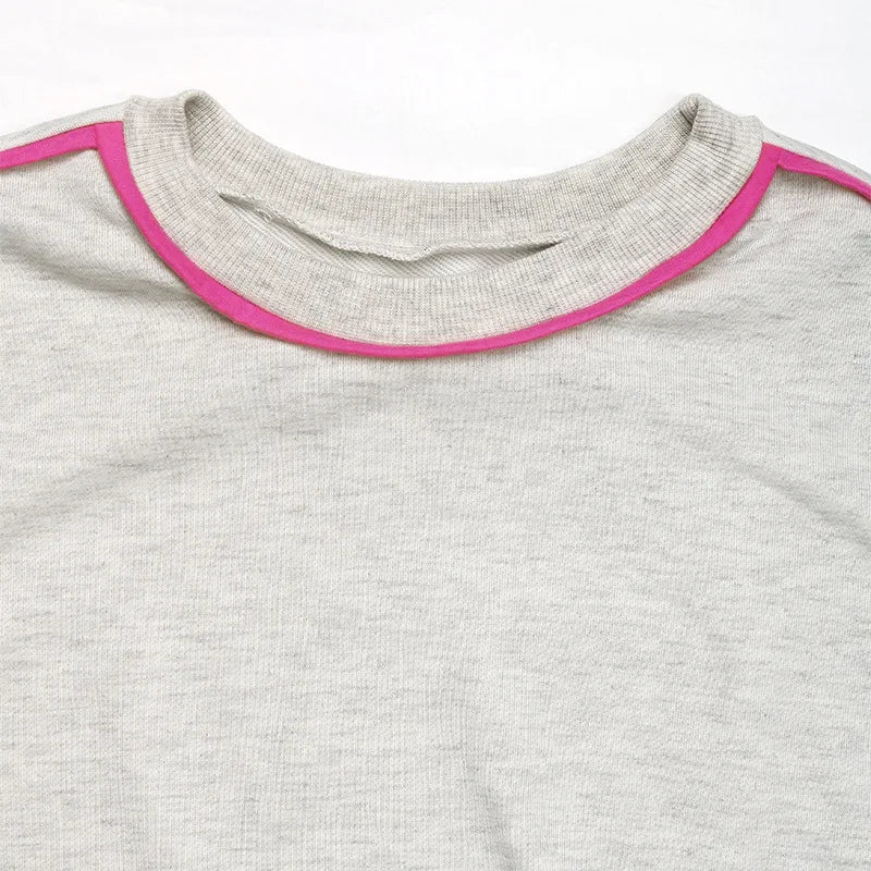 Ingvn - Women Crew Neck Contrast Piping Loose Sweatshirt Casual Long Sleeve Daily Pullover Top