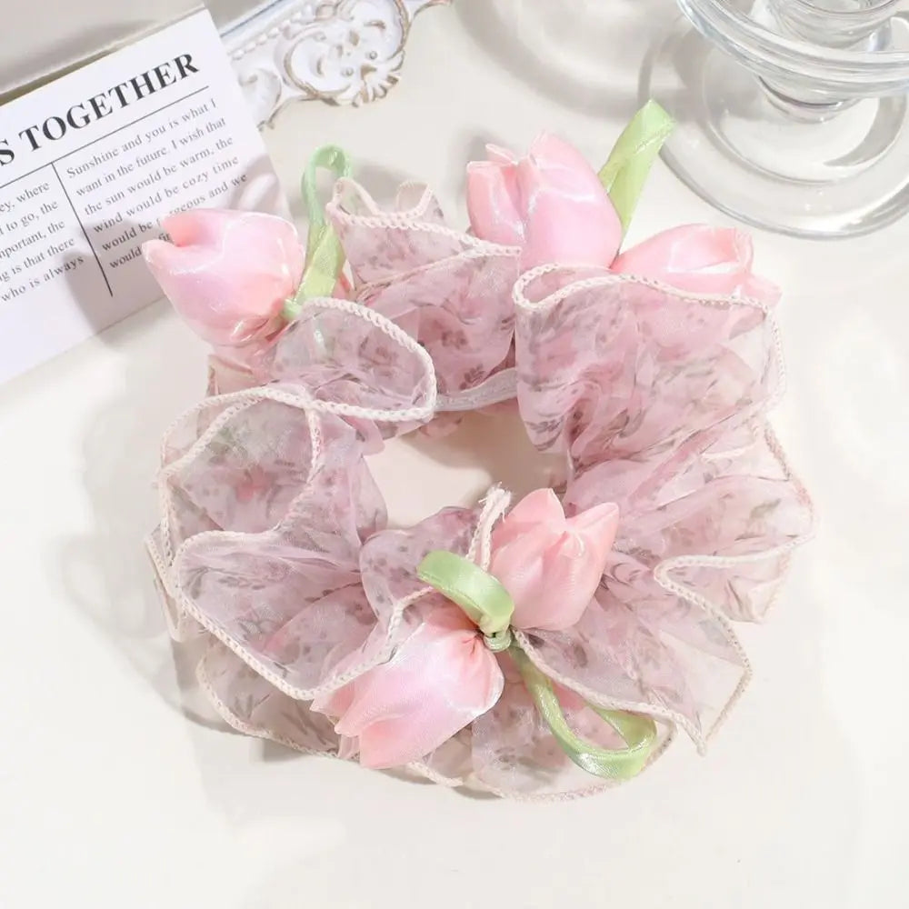 Ingvn  Sweet Cute Floral Mesh Scrunchie Sweet Dot Mesh Ruffled Sheer Tulle Flower Hair Rope French Romantic Large Hair Ties