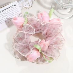 Ingvn  Sweet Cute Floral Mesh Scrunchie Sweet Dot Mesh Ruffled Sheer Tulle Flower Hair Rope French Romantic Large Hair Ties