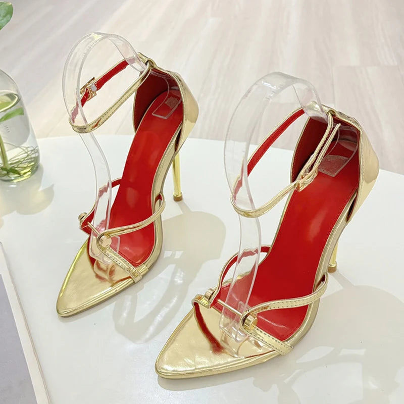 Ingvn  Sexy Gold Silver Ankle Cover Strap Sandals Women Shoes Fashion Metal Decoration Pointed Open Toe Party Club Stripper Heels