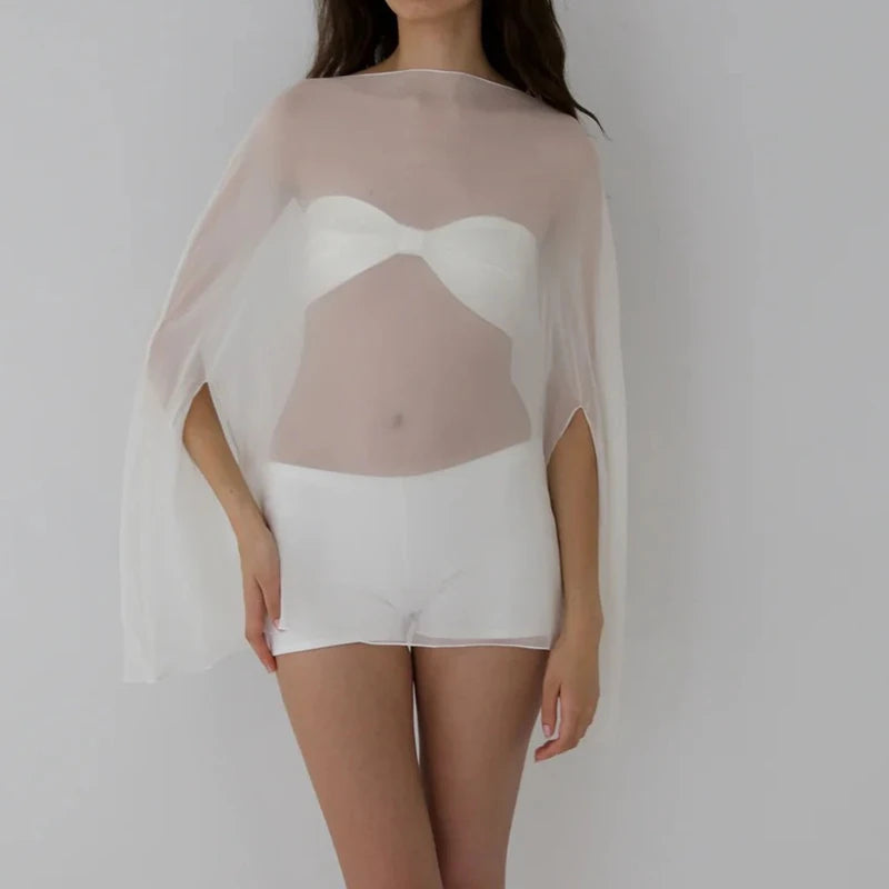 Ingvn  Womens Sheer Chiffon Cape Sleeve Top Batwing Boat Neck Loose Flowy See Thru Blouse Bikini Cover Up Vacation Beachwear