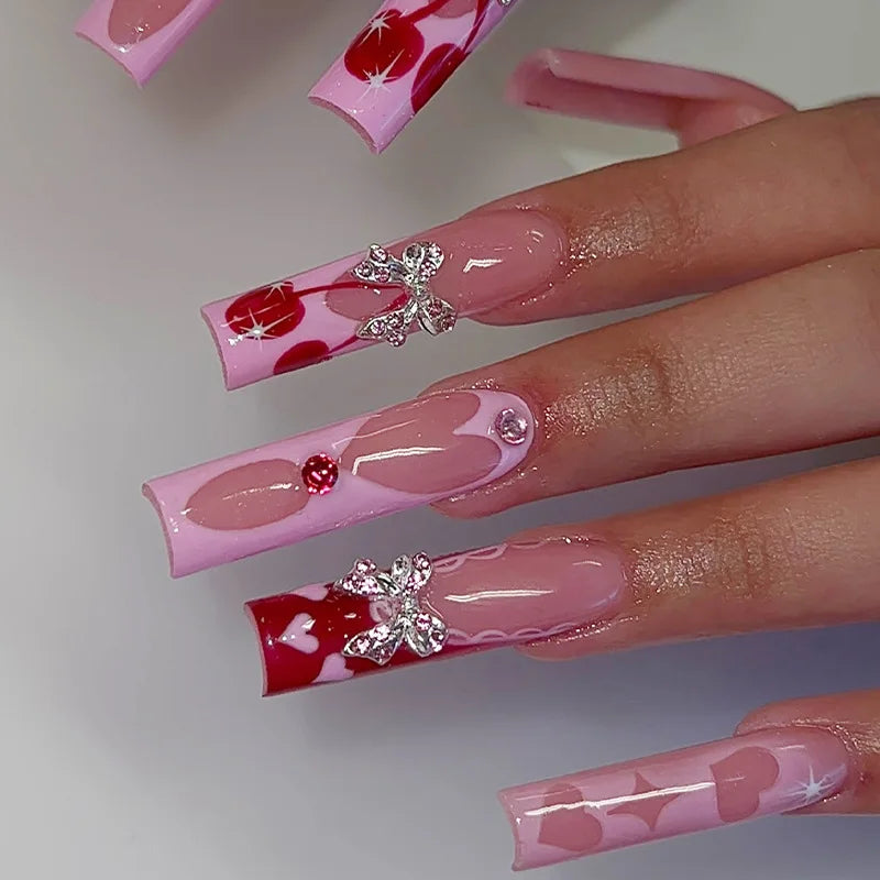 Ingvn  24Pcs Extra Long Red French False Nails Set Simple Sqaure Press on Nails with Flower Shape Rhinestone for Women Fake Nail Art