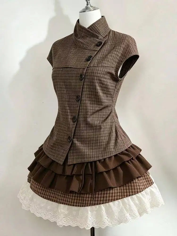 Ingvn  Retro Sweet Two Piece Set Women Plaid Short Sleeve Shirt High Waist Pleated Skirt Y2K Harajuku Hot Girl Summer