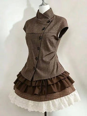 Ingvn  Retro Sweet Two Piece Set Women Plaid Short Sleeve Shirt High Waist Pleated Skirt Y2K Harajuku Hot Girl Summer