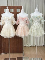 Ingvn  French Elegant Sweet Celebrity 3D Flower Off-Shoulder Lace Embroidery High Waist Slim A-line Fashion Party Short Dress For Women