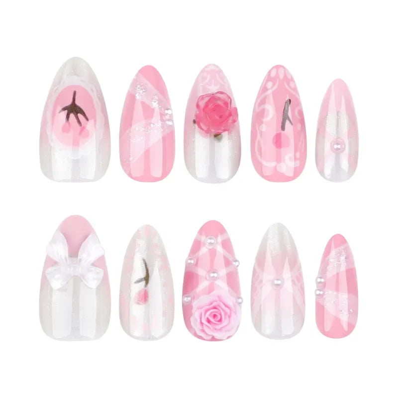 Ingvn  24Pcs Cute Pink 3d Flower Bow Almonds Medium Long Cheap False Nails Prosthetic Nail Set Sweet Paste Nails Nails Press On