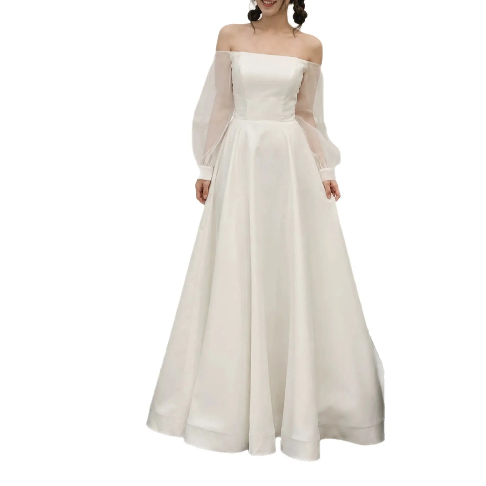 Ingvn - Korean Satin Bridal Gown Off‑Shoulder Sheer Long Sleeve A‑Line Floor Length Simple Wedding Dress For Women Bridal Party