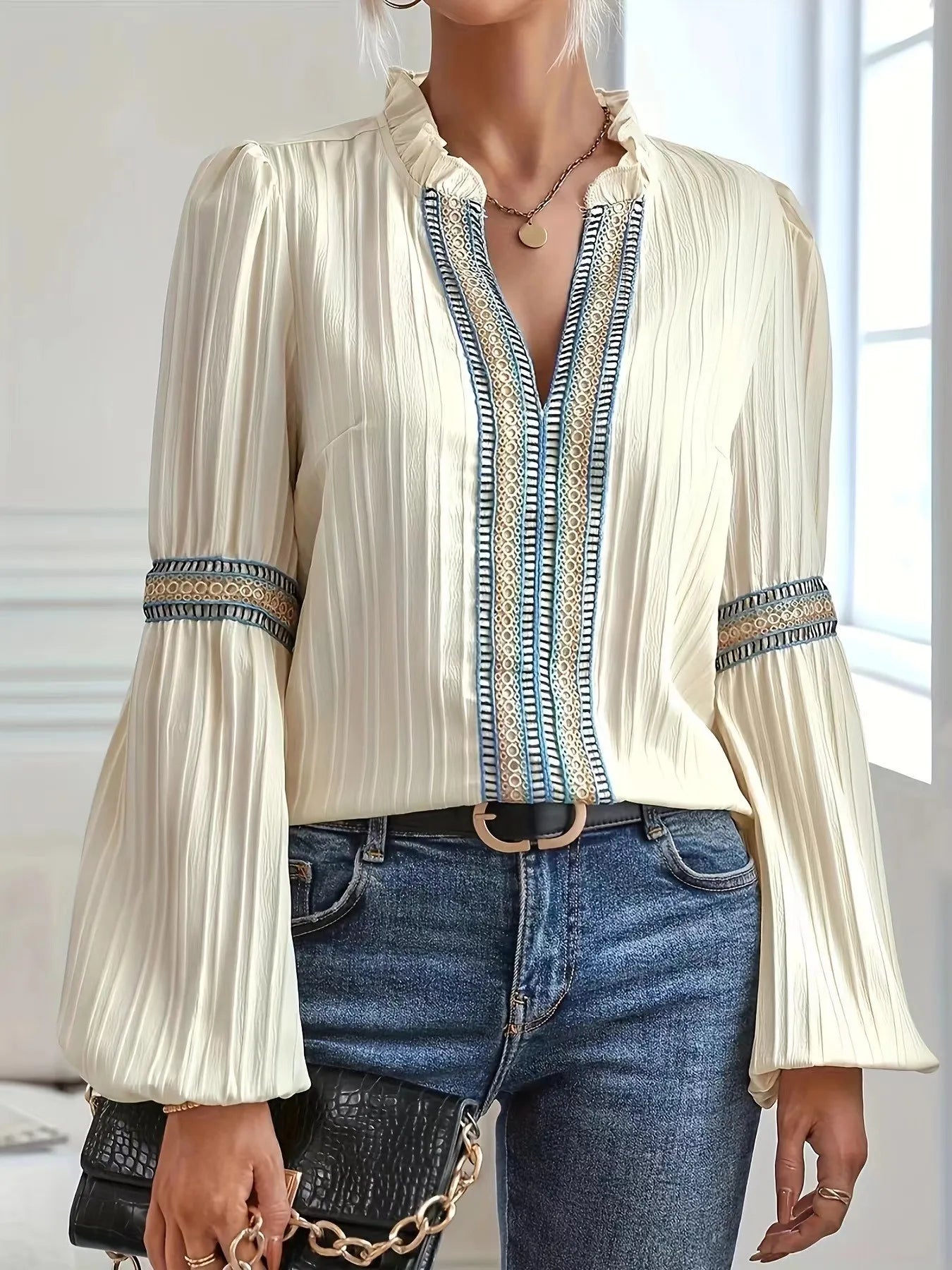 Ingvn  Spring Women's Clothing Lantern Sleeve Blouse With Lace Trim Stand Collar Long Sleeve Polyester Chiffon Casual Top For Woman