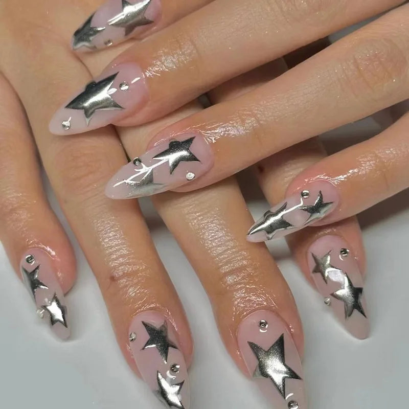 3D Pearl Shell Fantasy Polarized French Almond Shape False Nails Summer Detachable Finished Fake Nails Press on Nails with Glue