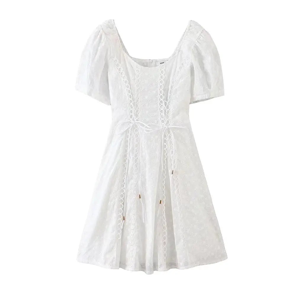 Ingvn  Sweet White Embroidery Hole Stitching Lace Cross Lacing up Short Puff Sleeve Dress Woman French Mini Dresses Holiday Robe