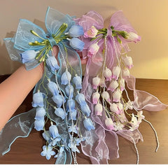 Ingvn  New Bell Orchid Ribbon Hair Clip Large Bow Soft Mesh Hair Barrettes Long Ribbon Tassel Design Bow Hair Clip For Girls
