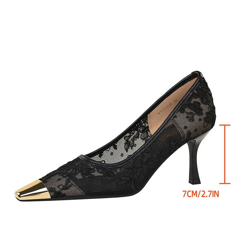 Ingvn  Fashion Metal Square toe Lace Air Mesh Women Pumps Elegant Thin High heels Office Lady Shoes Spring Autumn Party Dress Shoes